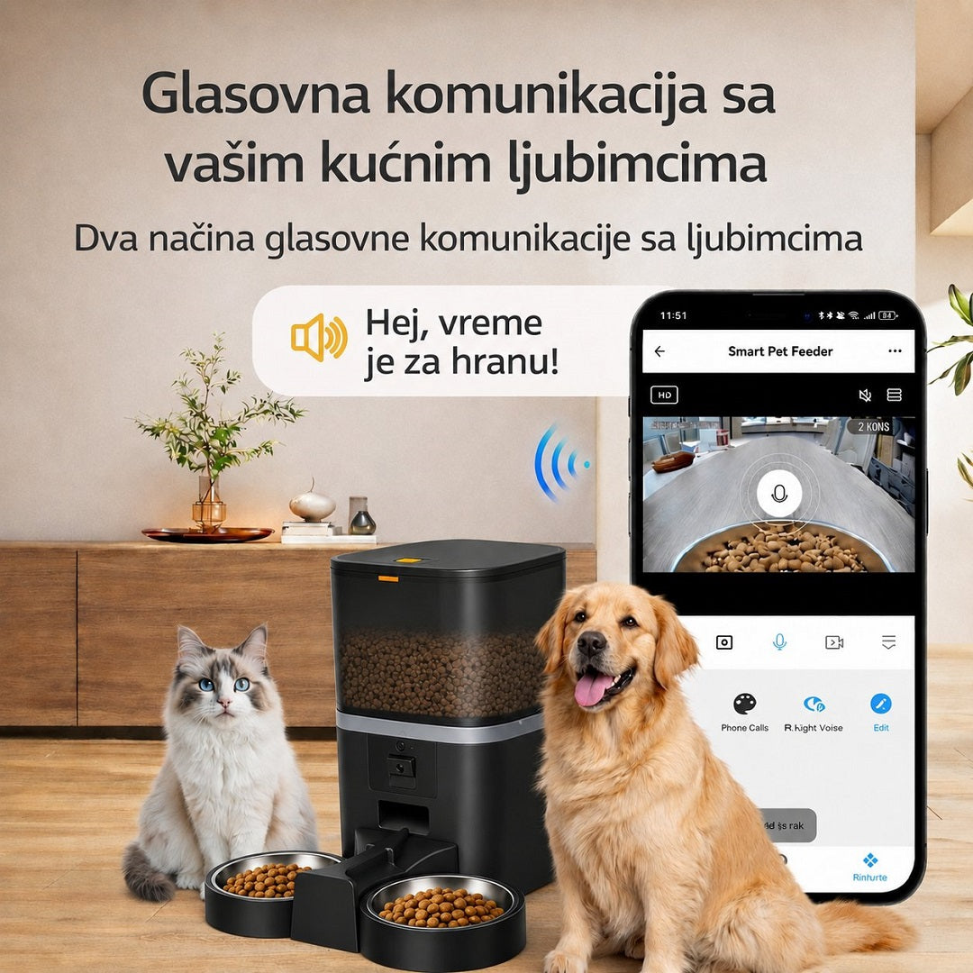 Pametna automatska hranilica za mačke i pse sa HD kamerom 6L sa dve posude